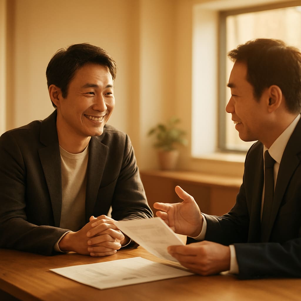 あたたかなオフィスで相談する経営者とアドバイザー