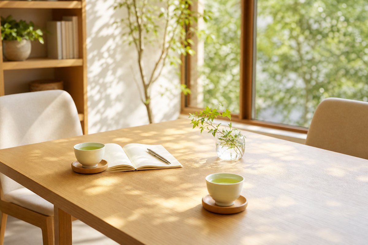 木漏れ日の差す窓辺のテーブルに、向かい合わせに置かれた2つの緑茶と開いたノート