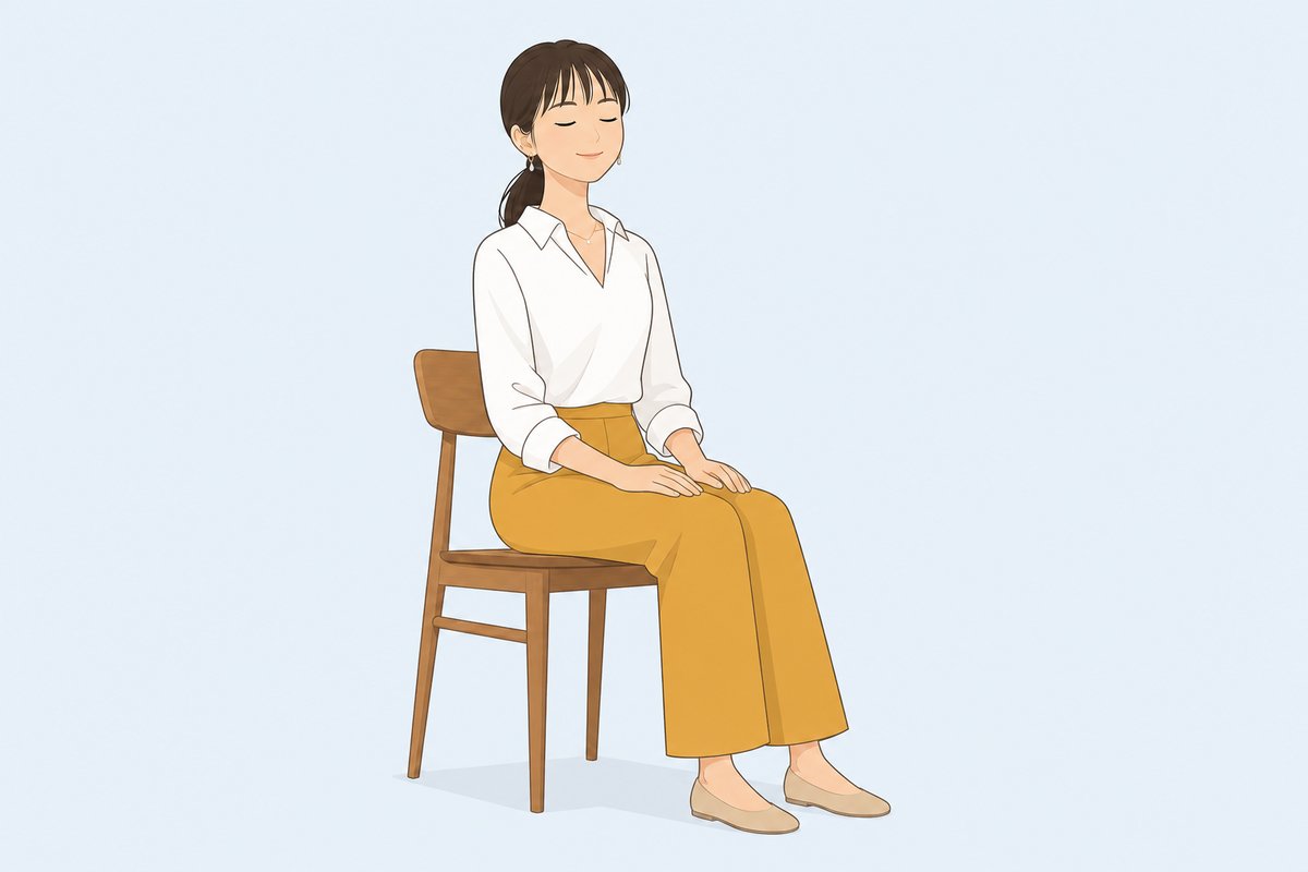椅子に座って呼吸を整える栢原のイラスト。背もたれから少し離れて背すじを伸ばし、足を床につけ、手をももに置いて目を閉じている