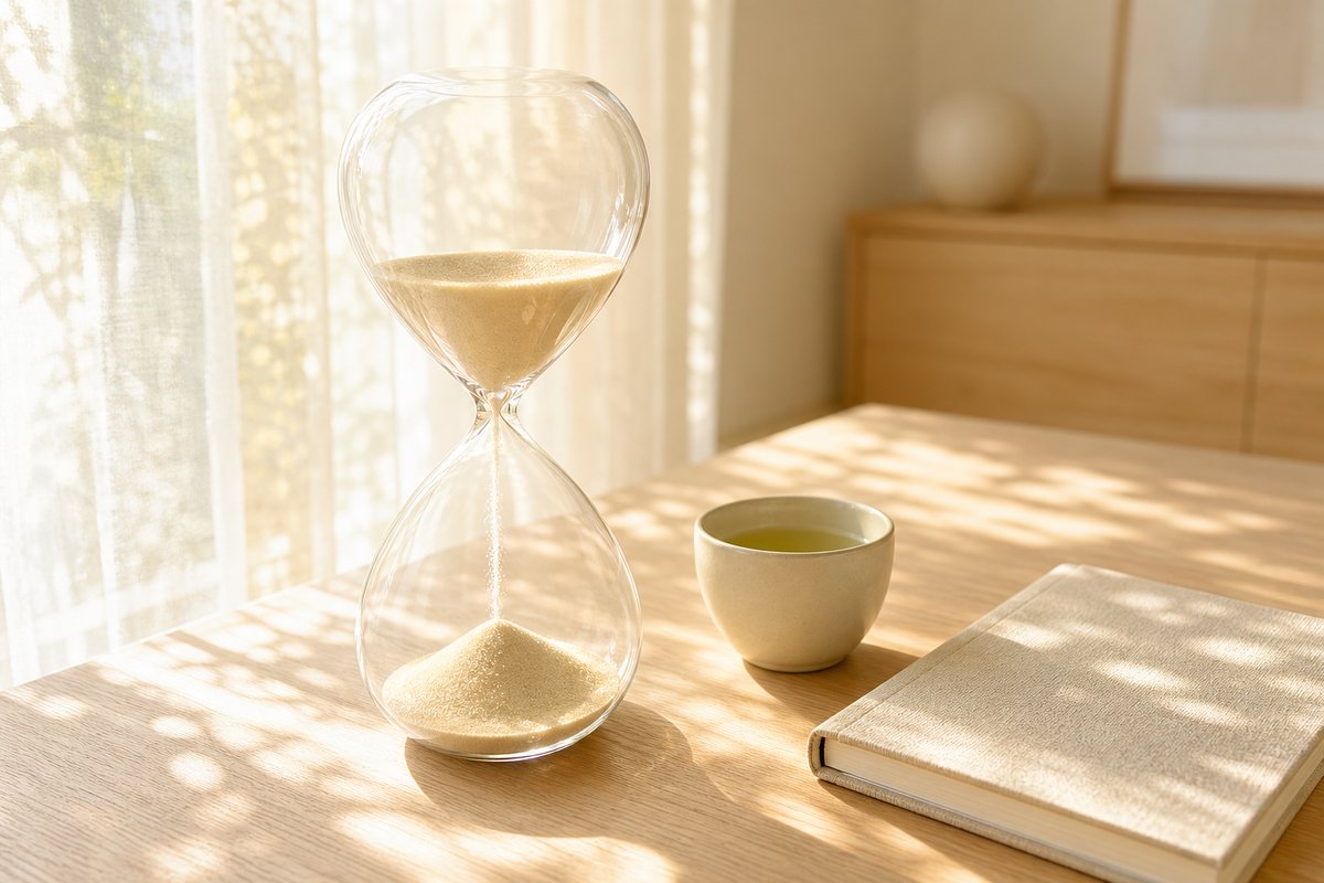 木漏れ日の差す明るい窓辺の机に置かれた大きな砂時計と、緑茶の湯のみ、閉じたノート