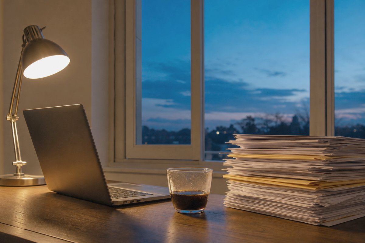 夜遅く、デスクライトだけがついた仕事机。書類と冷めたコーヒーが置かれている