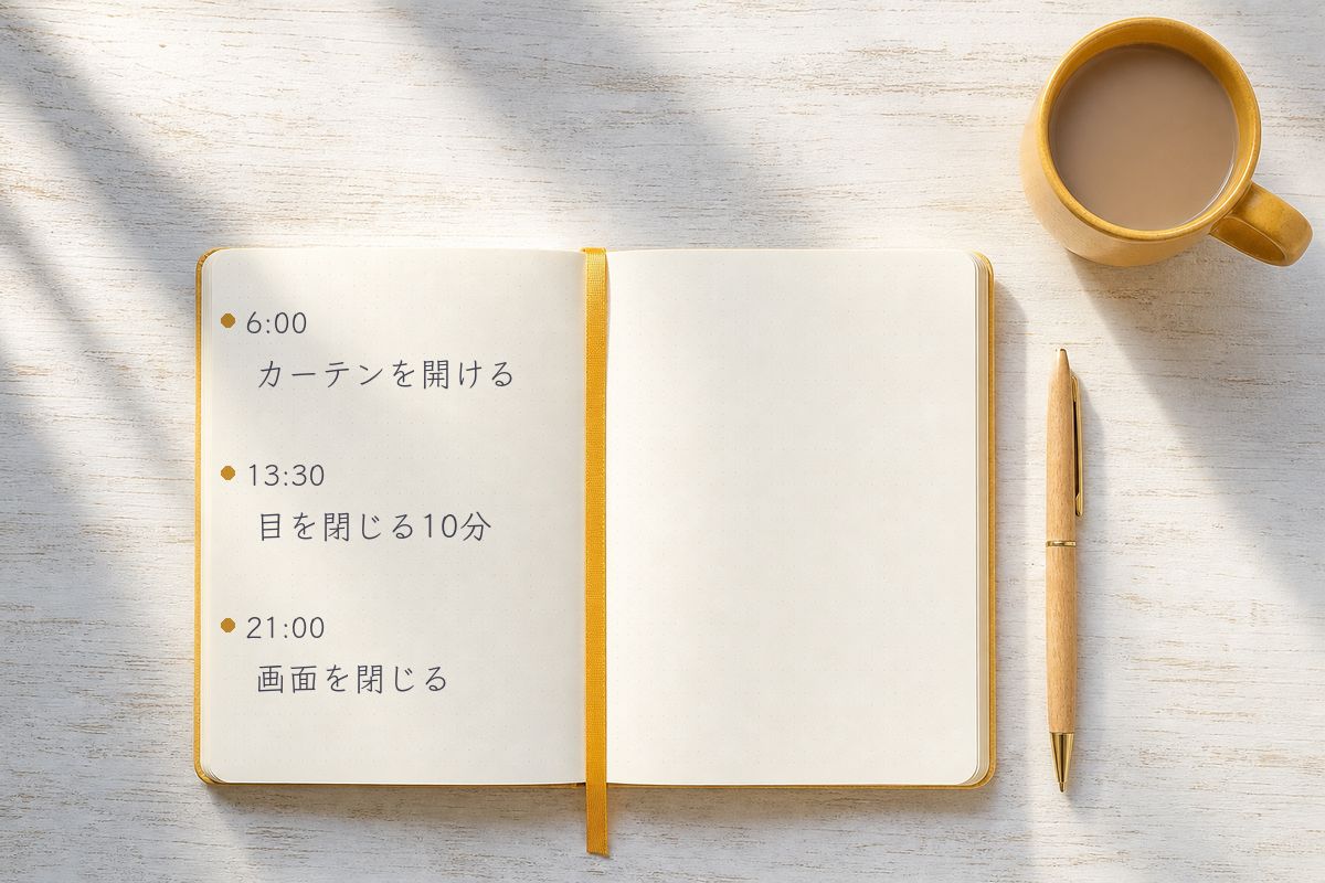 開いた手帳に、朝・昼・夜の休む時間が書き込まれている。横にペンとマグカップ